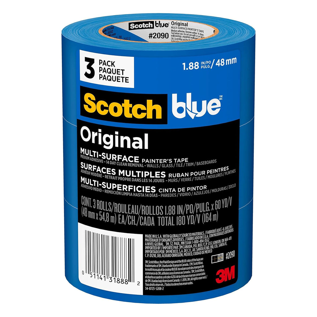 ScotchBlue Original Multi-Surface Painters Tape, 2 Inch Wide (1.88 in. x 60 Yds), 3 Rolls, Blue Paint Tape Protects and Removes Easily, Masking Tape for Indoor and Outdoor Use (2090-48EP3)