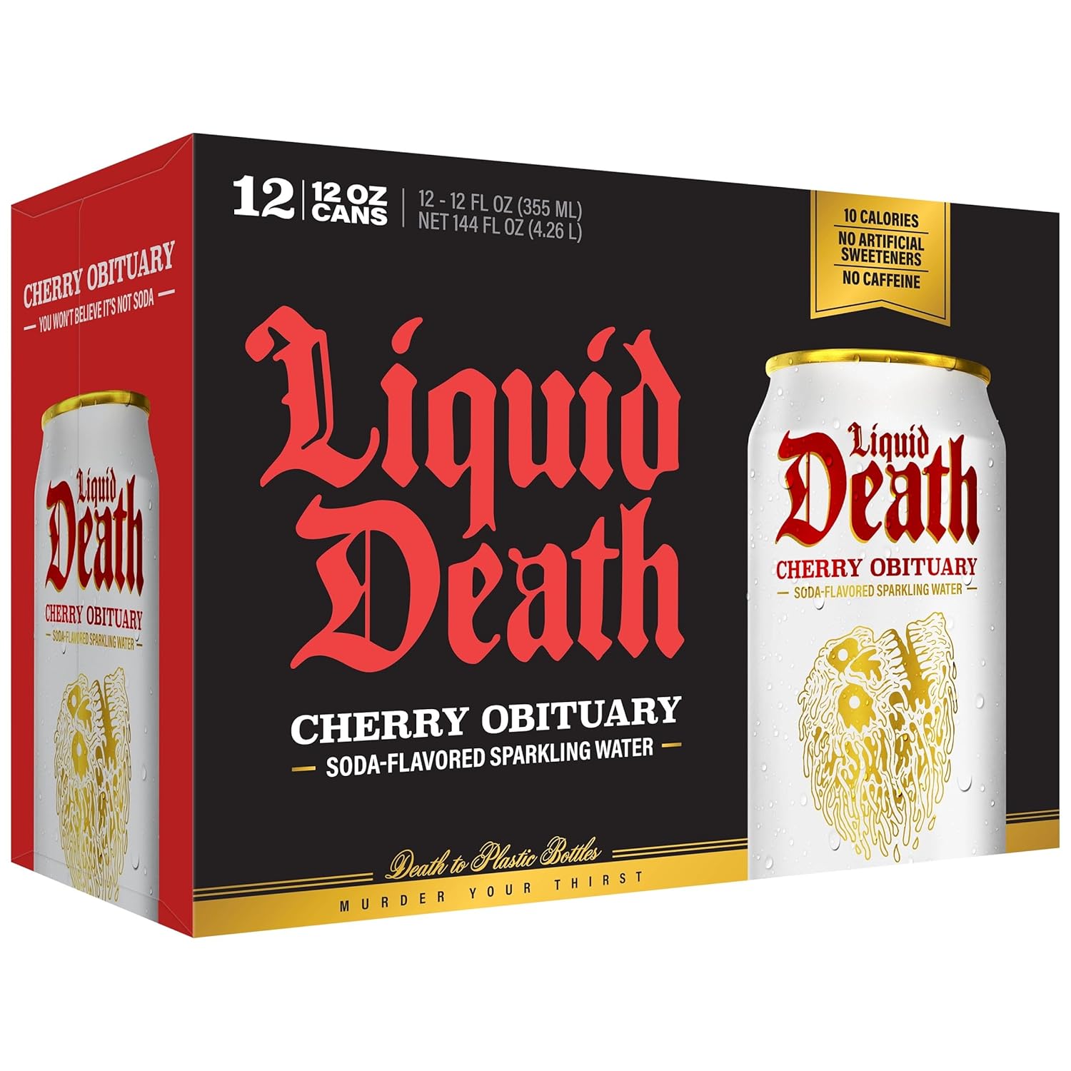 Liquid Death Soda-Flavored Sparkling Water - Cherry Obituary, Less Sugar*, Huge Flavor, No Caffeine, No Artificial Sweeteners, 12 Fl Oz (Pack of 12)