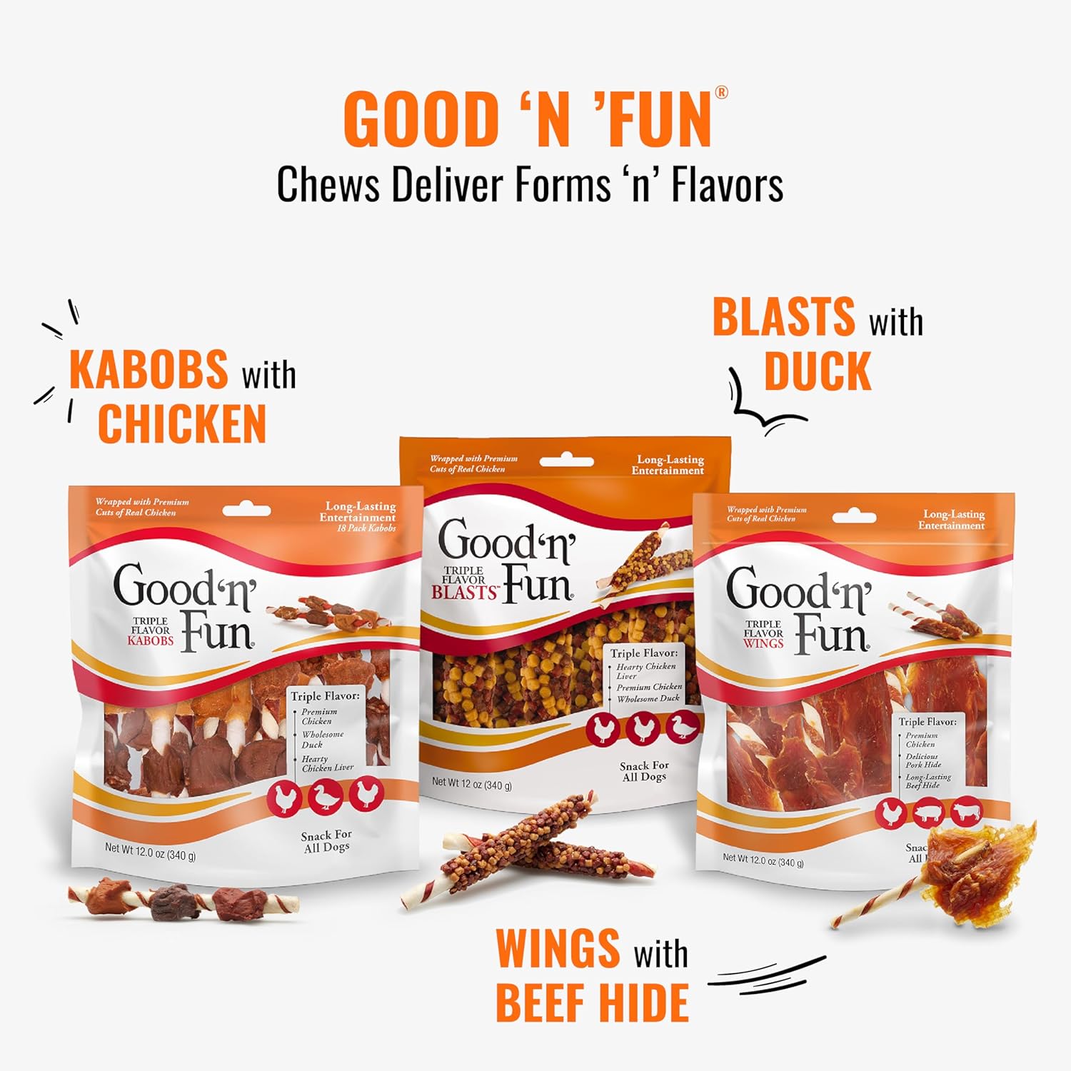 Good ‘n’ Fun Triple Flavor Kabobs Chews for All Dogs, 24 Ounces, Treat Your Dog to Long-Lasting Chews Made from Beef Hide, Real Chicken, Pork Hide, Duck and Chicken Liver