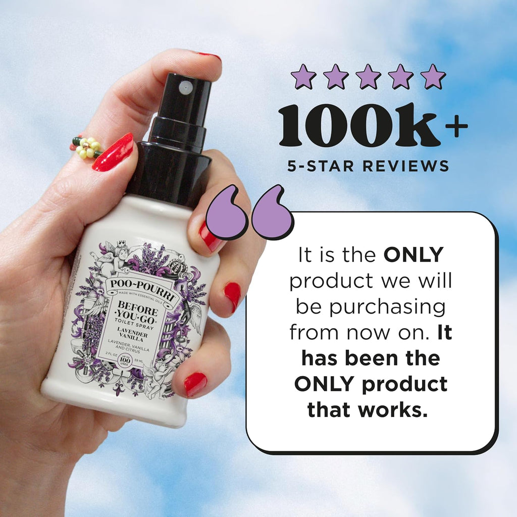 Poo-Pourri Before-You-Go Toilet Spray, Lavender Vanilla, 2 Fl Oz, Up to 100 Uses, Bathroom Odor Deodorizer with Essential Oils for Home or Work, Travel Essentials, TSA Approved Size