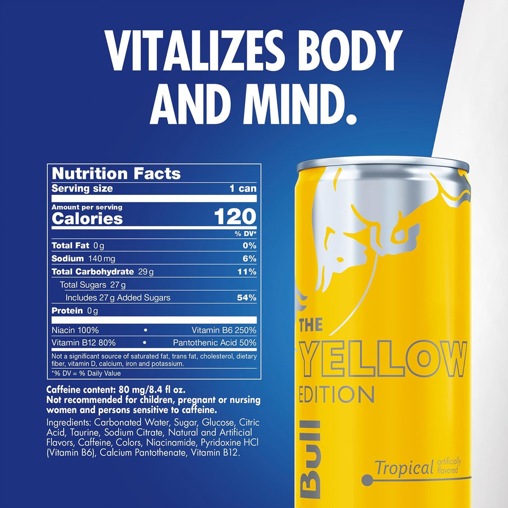 Red Bull Energy Drink, Tropical, Yellow Edition, 8.4 Fl Oz (24 Count)