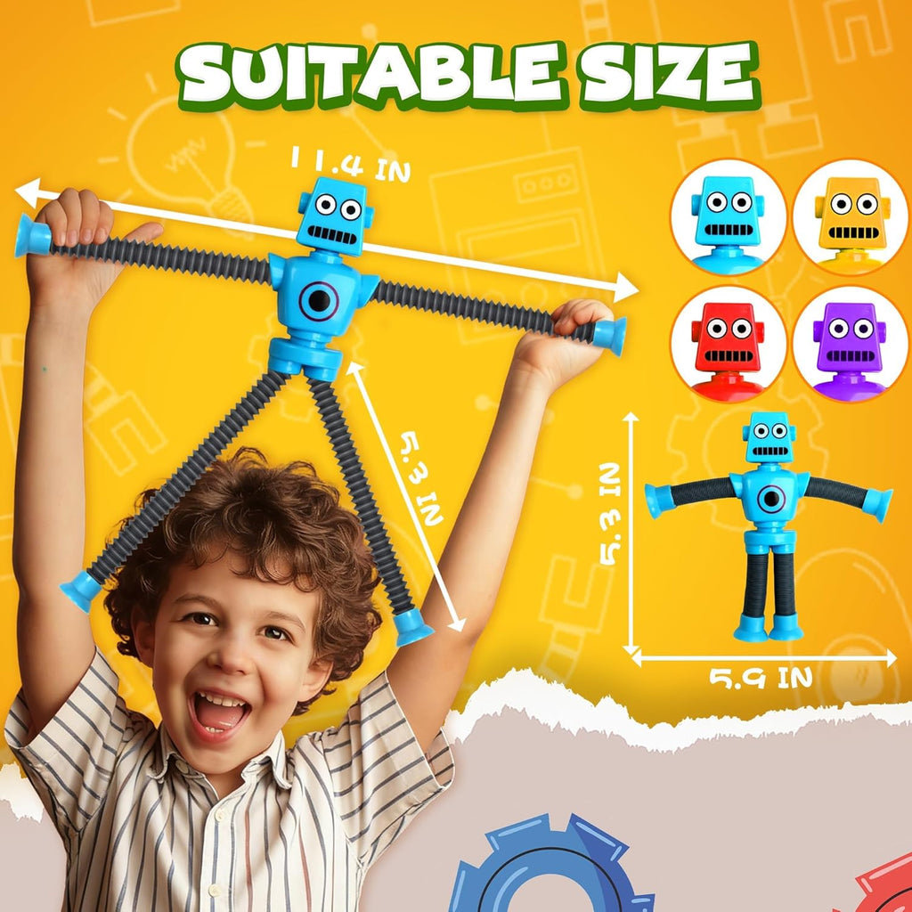 Robot Sensory Travel Roadtrip Toys 4Pcs for Toddlers Kid Boy Year Old Ages 3 4 5 6 7 8 9,Airplane Activities Suction Autism Pop Tube Fidget Toys Autistic Stocking Easter Basket Stuffer Valentine Gift