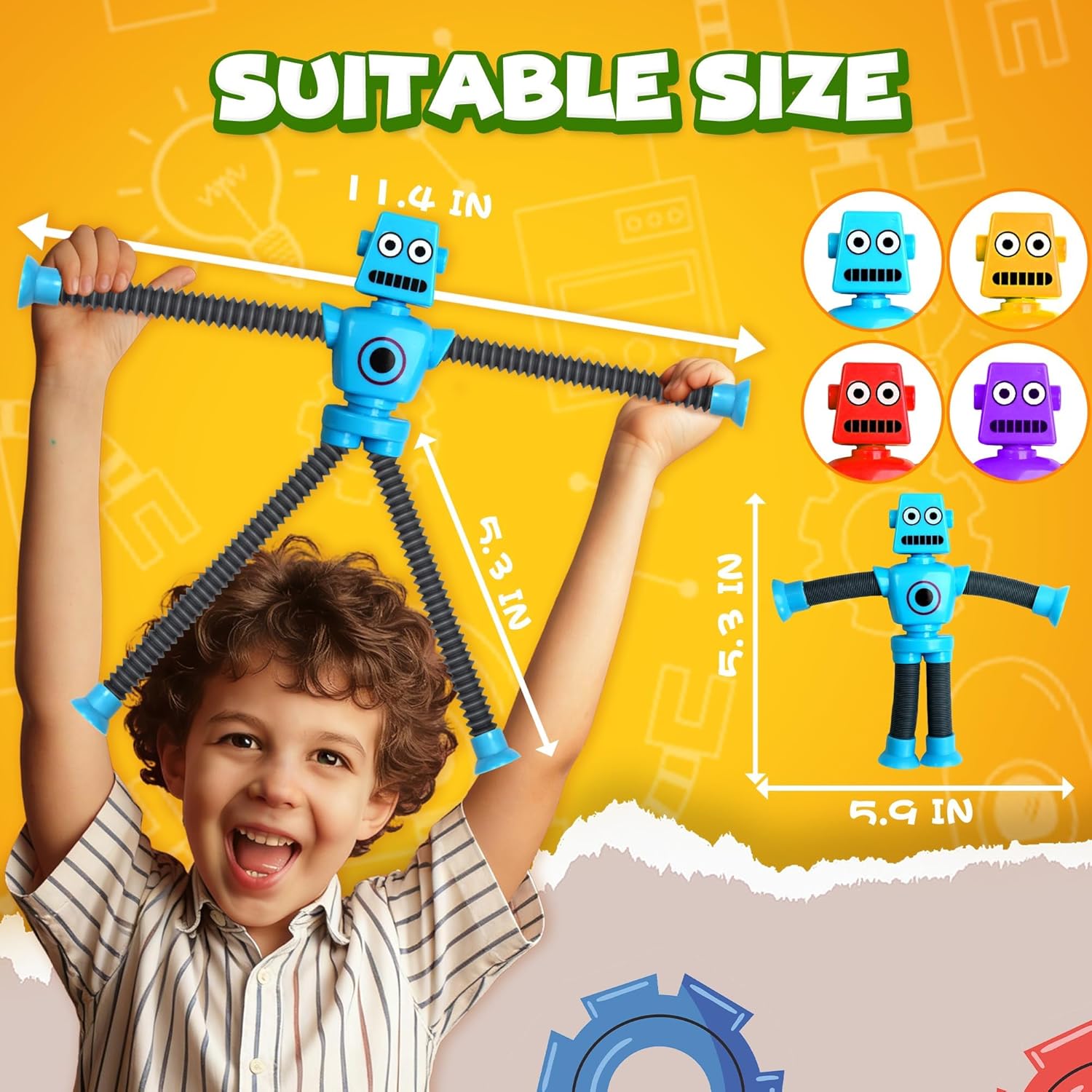 Robot Sensory Travel Roadtrip Toys 4Pcs for Toddlers Kid Boy Year Old Ages 3 4 5 6 7 8 9,Airplane Activities Suction Autism Pop Tube Fidget Toys Autistic Stocking Easter Basket Stuffer Valentine Gift
