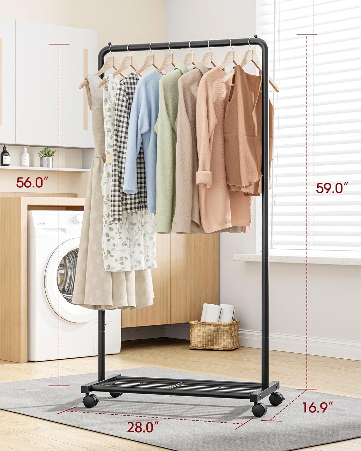 Sakugi Clothes Rack - Clothing Rack with Storage Mesh Shelf & Casters, Heavy-Duty Metal Clothing Rack for Hanging Clothes, Dresses, Coats, Large Load Capacity, Easy Assembly, Black, 28.0"x16.9"x59.0"
