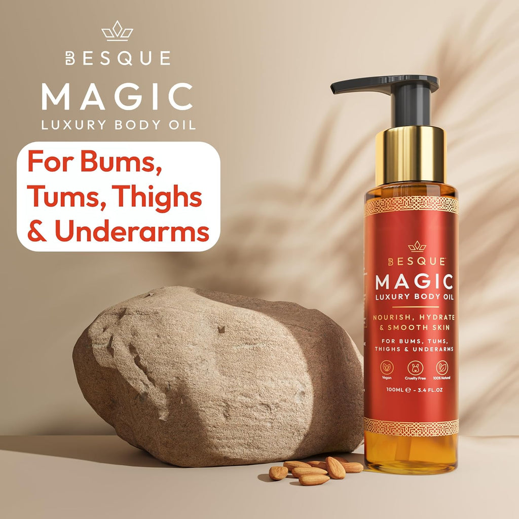 Besque Magic Body Oil, 3.4 FL OZ, After Shower Body Oil For Women, Hydrating Skin Care For Full Body That Plumps, Tightens, and Firms Skin With Natural Ingredients, Luxury Spa Gifts - Pack of 1