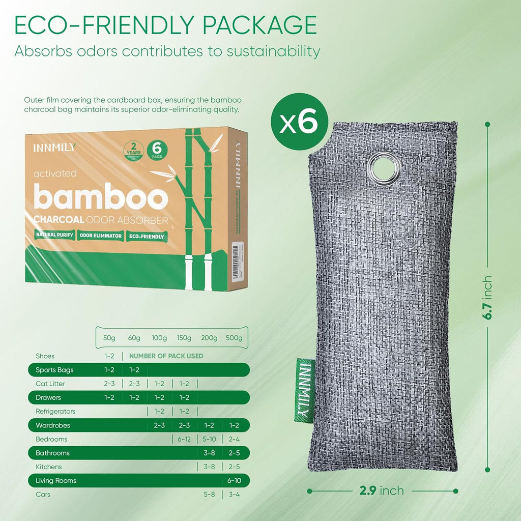 Activated Charcoal Odor Absorber, 6 Pack Natural Shoe Odor Eliminator, Bamboo Charcoal Air Purifying Bags, Sneaker Deodorizer and Moisture Absorbers for Clean Footwear, Shoe Odor Remover