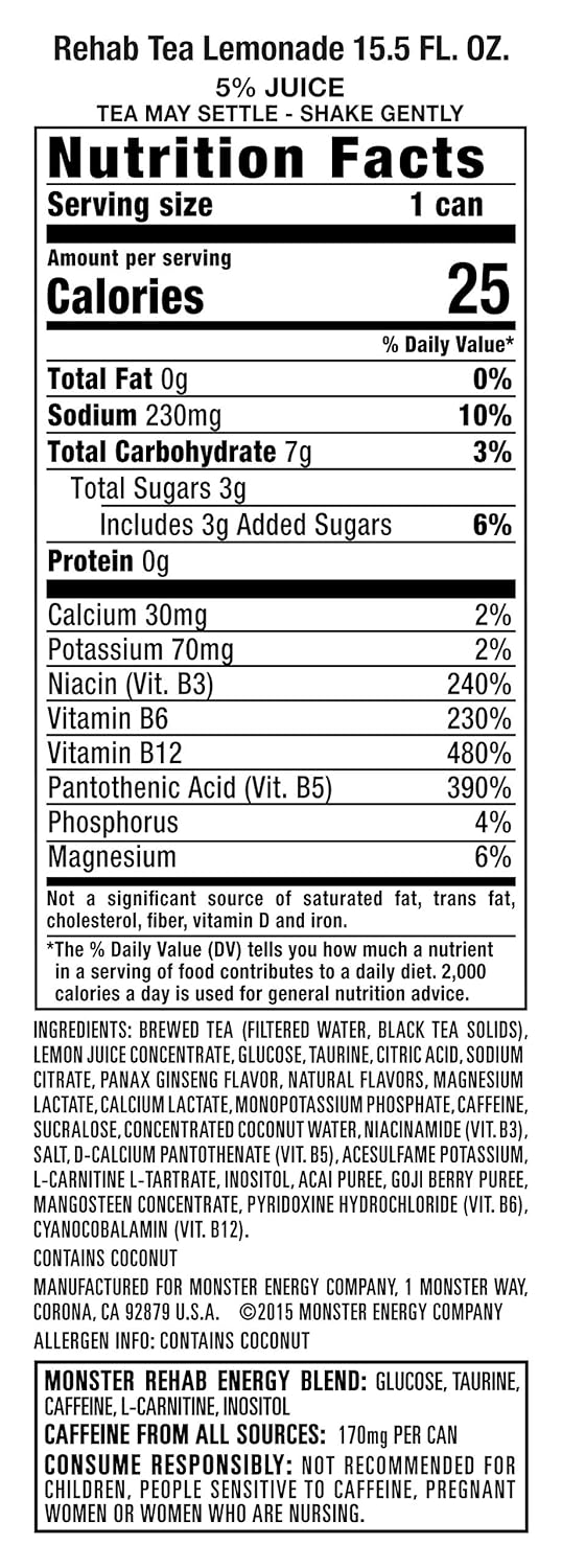 Monster Rehab Tea + Lemonade + Energy, Energy Drink 15.5 Ounce | Energy Iced Tea, Pack of 15