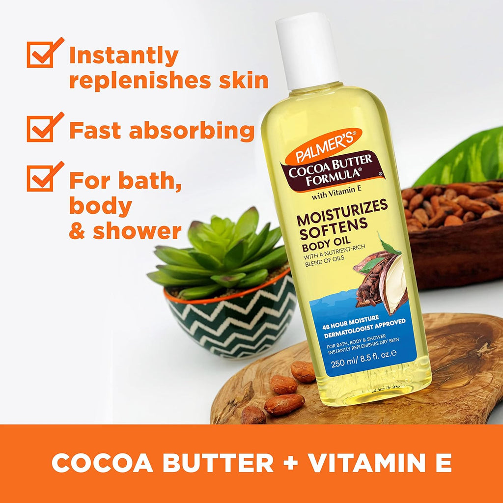 Palmer's Cocoa Butter Moisturizing Body Oil with Vitamin E, Radiant Looking Glow and Skin Hydration, Instant Absorption, Bath, Body and Shower, 8.5 Ounces