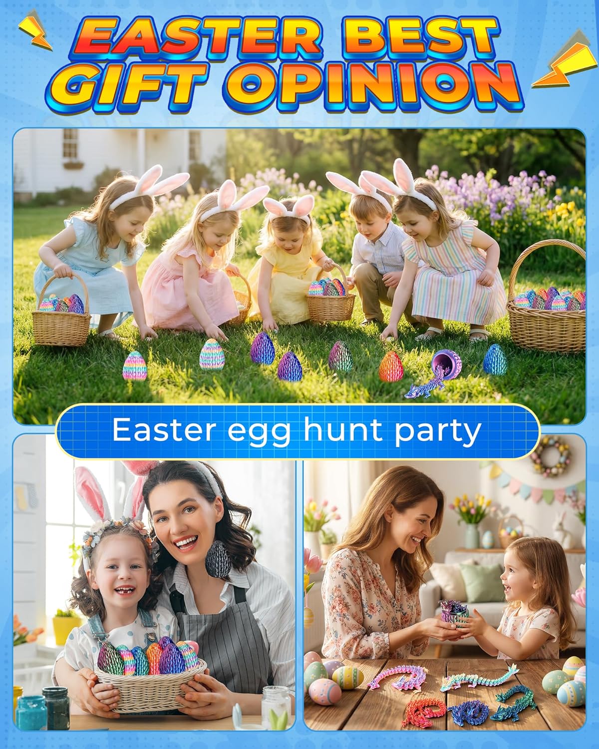Rapean 8" 3D Printed Dragon Eggs, Easter Basket Stuffers for Kids and Teens, Articulated Dragon Toys for Children, Unique Easter Gifts for Boys & Girls (4Pack)