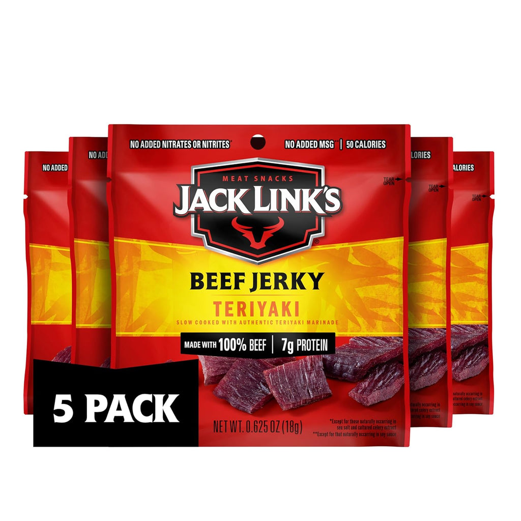 Jack Link's Teriyaki Beef Jerky Multipack - (5 Pack) 0.625 oz Bags - Ready to Eat Real Meat Protein Snacks - 7g Protein per Serving - Made with 100% Real Beef