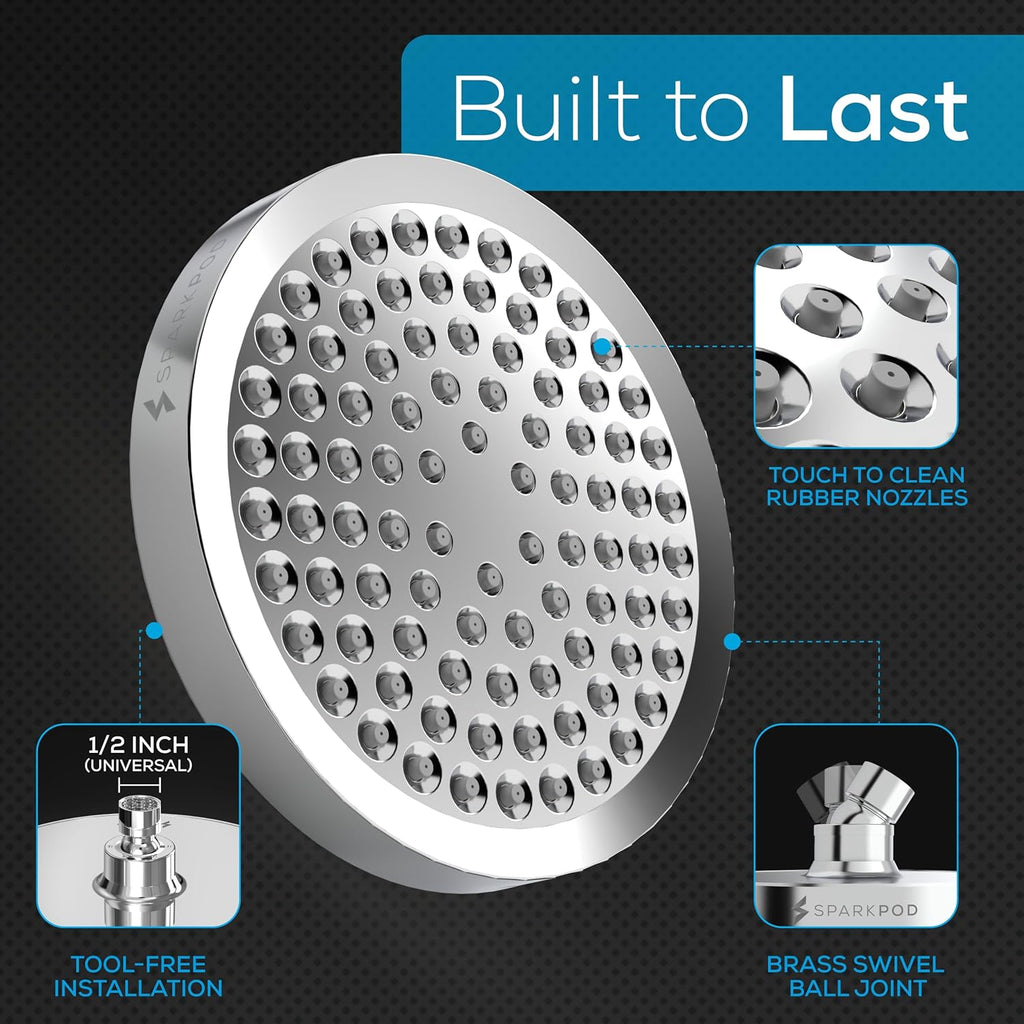 SparkPod Shower Head - High Pressure Rain - Premium Quality Luxury Design - Easy Clean Adjustable Replacement for Your Bathroom Shower Heads (Luxury Polished Chrome, 6 Inch Round)