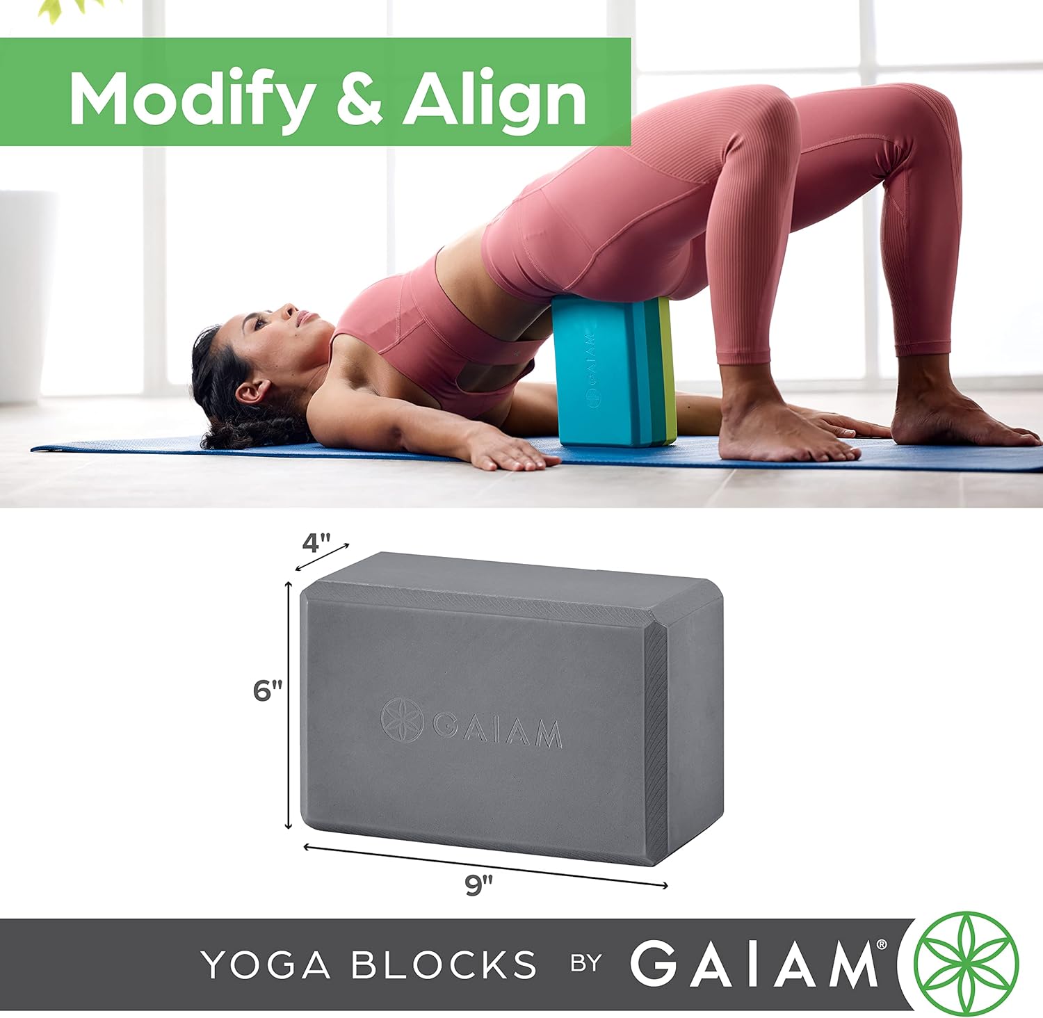 Gaiam Yoga Block - Supportive Latex-Free Eva Foam - Soft Non-Slip Surface with Beveled Edges for Yoga, Pilates, Meditation