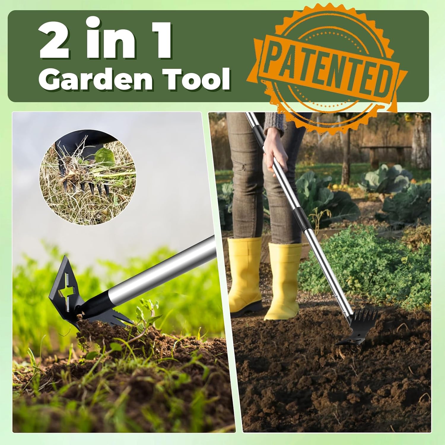NICOFPHY Weed Puller Tool with Long Handle - 60" Manual Weeder Remover Tool, 2 in 1 Hand Weed Rake and Garden Hoe for Gardening, Heavy Duty Uprooting Weeding Pull for Yard, Lawn, Patio and Garden
