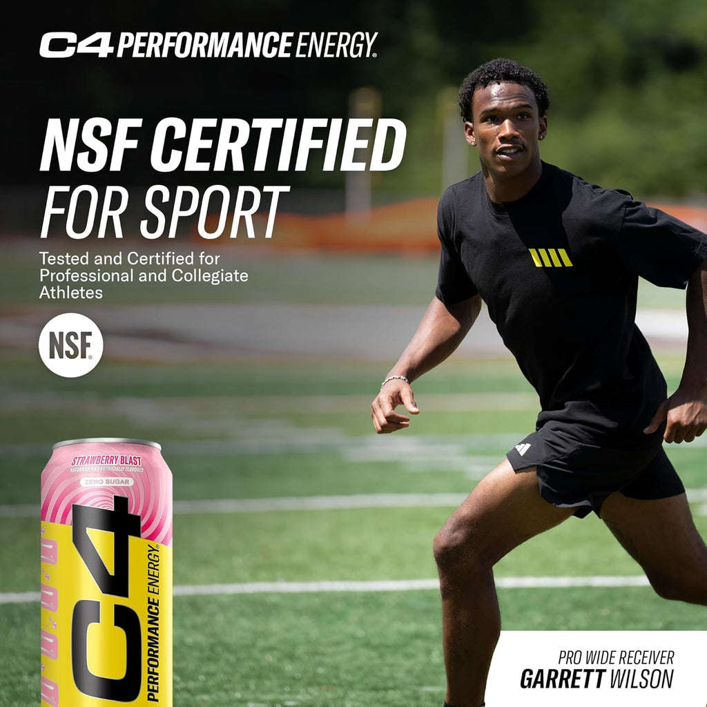 C4 Performance Energy Drink | Strawberry Blast | Zero Sugar Carbonated Preworkout Energy | 200mg Caffeine with Beta Alanine | 16 Fl Oz (12 Pack)