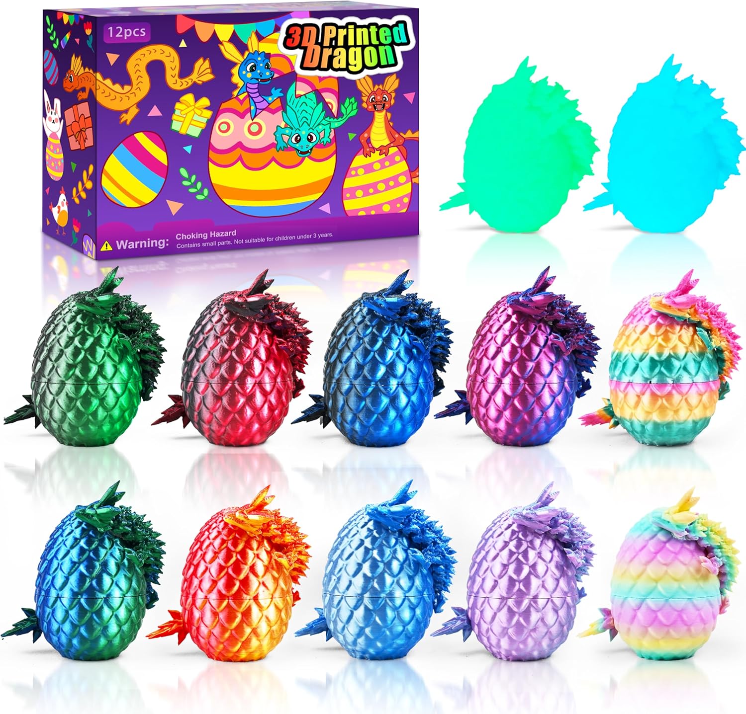 Impossmaker 12pcs 3D Printed Dragon Eggs, Cool Articulated Crystal Dragon Toys for Boys Kids Teen, Surprise Dinosaur Eggs for Party Favors, Fun Goodie Bag Stuffers for Birthdays, Classroom Prizes