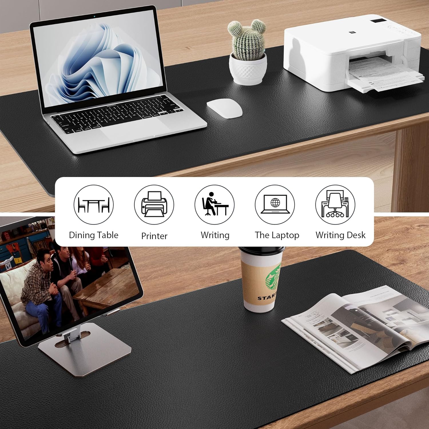 Aothia Non-Slip Waterproof PU Leather Desk Pad Protector for Mouse, Writing Desk, Office, Home, Laptop Blotter, 23.6" x 13.7", Black