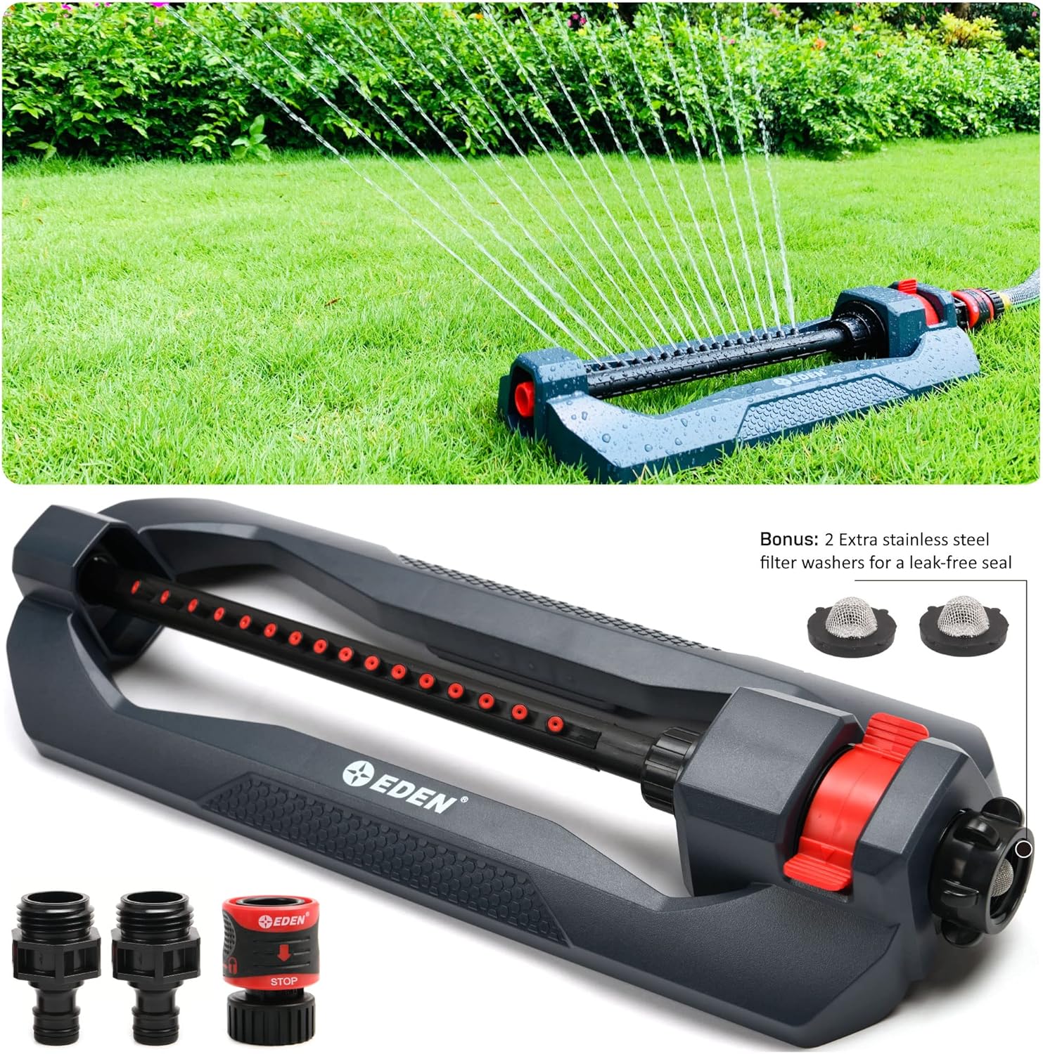 Eden 96213 Essential Turbo Oscillating Water Sprinkler, Covers Up to 3,600 sq. ft., 16 Nozzles, Weighted Base, Adjustable Range, Quick Connect Bundle, Dark Grey, Red, Silver