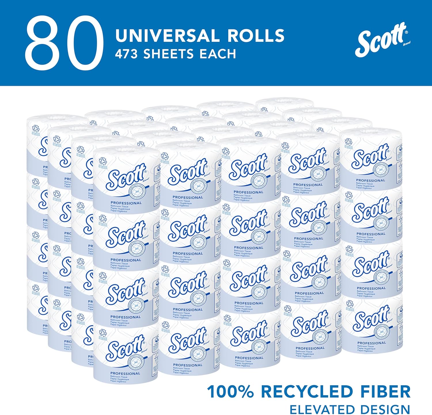 Scott Professional 100% Recycled Fiber Standard Roll Bulk Toilet Paper (13217), 2-Ply, Elevated Design, White, Individually Wrapped (80 Rolls of 473 Sheets, 37,840 Sheet Total)