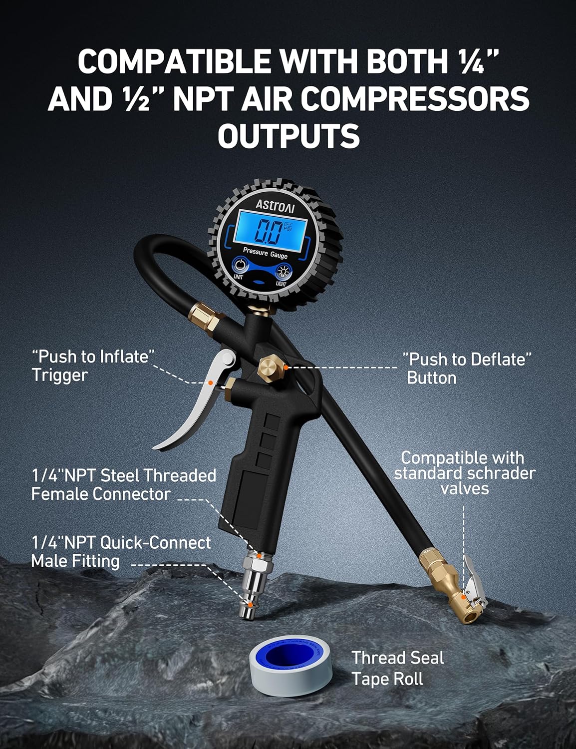 AstroAI Digital Tire Pressure Gauge with Inflator, 3-250 PSI Air Chuck & Compressor Accessories Heavy Duty with Quick Connect Coupler, 0.1 Display Resolution, 1pack