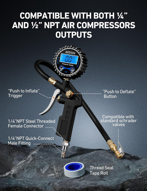 AstroAI Digital Tire Pressure Gauge with Inflator, 3-250 PSI Air Chuck & Compressor Accessories Heavy Duty with Quick Connect Coupler, 0.1 Display Resolution, 1pack