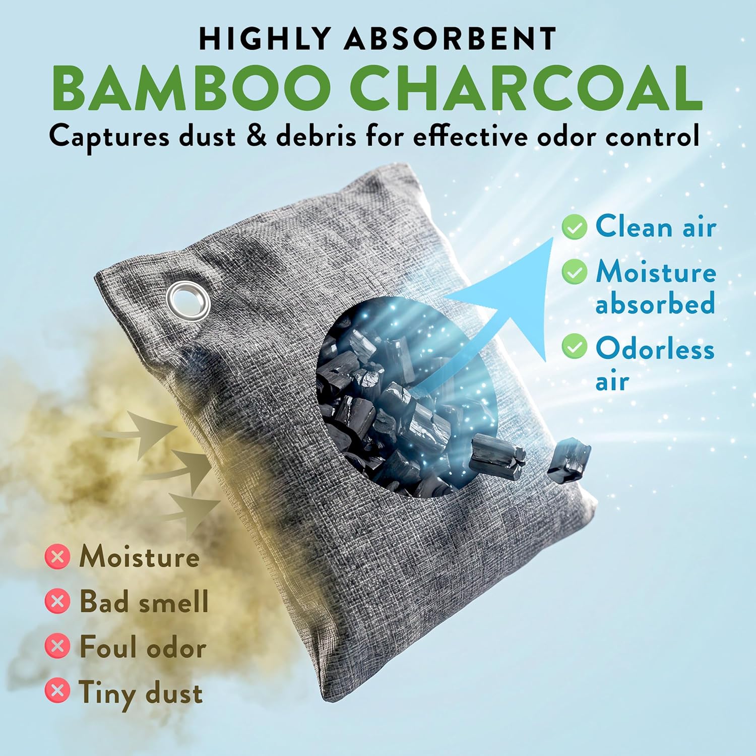 Charcoal Odor Absorber for Strong Odor (6 Pack, 100g each), Bamboo Charcoal Air Purifying Bag, Basement Musty Odor Eliminator Deodorizer, Activated Charcoal Odor Absorber for Closet, Shoe, Car
