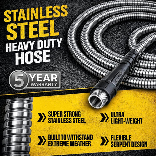 BIONIC STEEL 100 Ft Metal Garden Hose with Sprayer Nozzle, Non Kinking Designed Stainless Steel Heavy Duty Water Hose 100 Ft x 5/8 in. Flexible NON Expandable for Uninterrupted Water Flow, 500 PSI