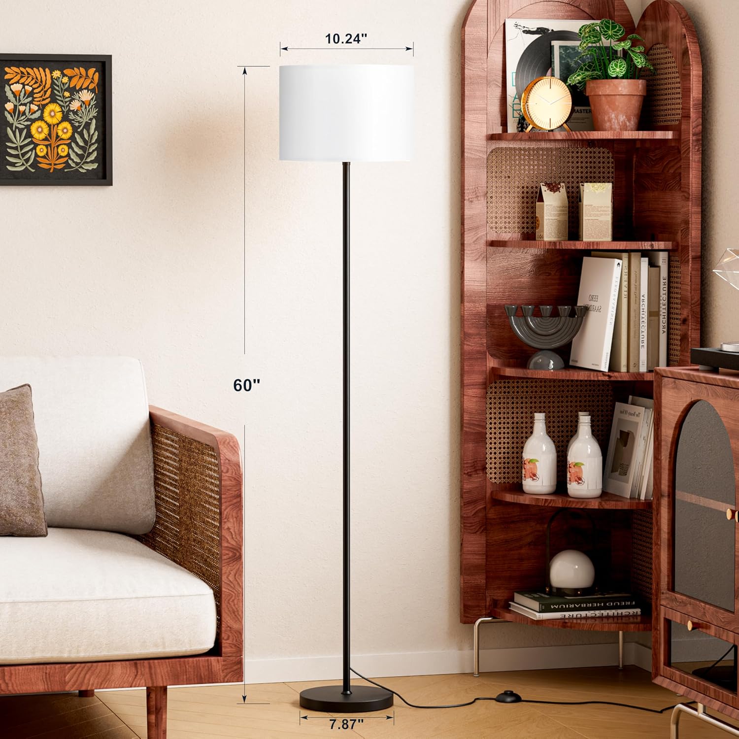 Modern Floor Lamp Simple Design with White Shade, Foot Pedal Switch, 60" Small Tall Lamps for Living Room Bedroom Office Dining Room Kitchen, Black Pole Lamp(Without Bulb)
