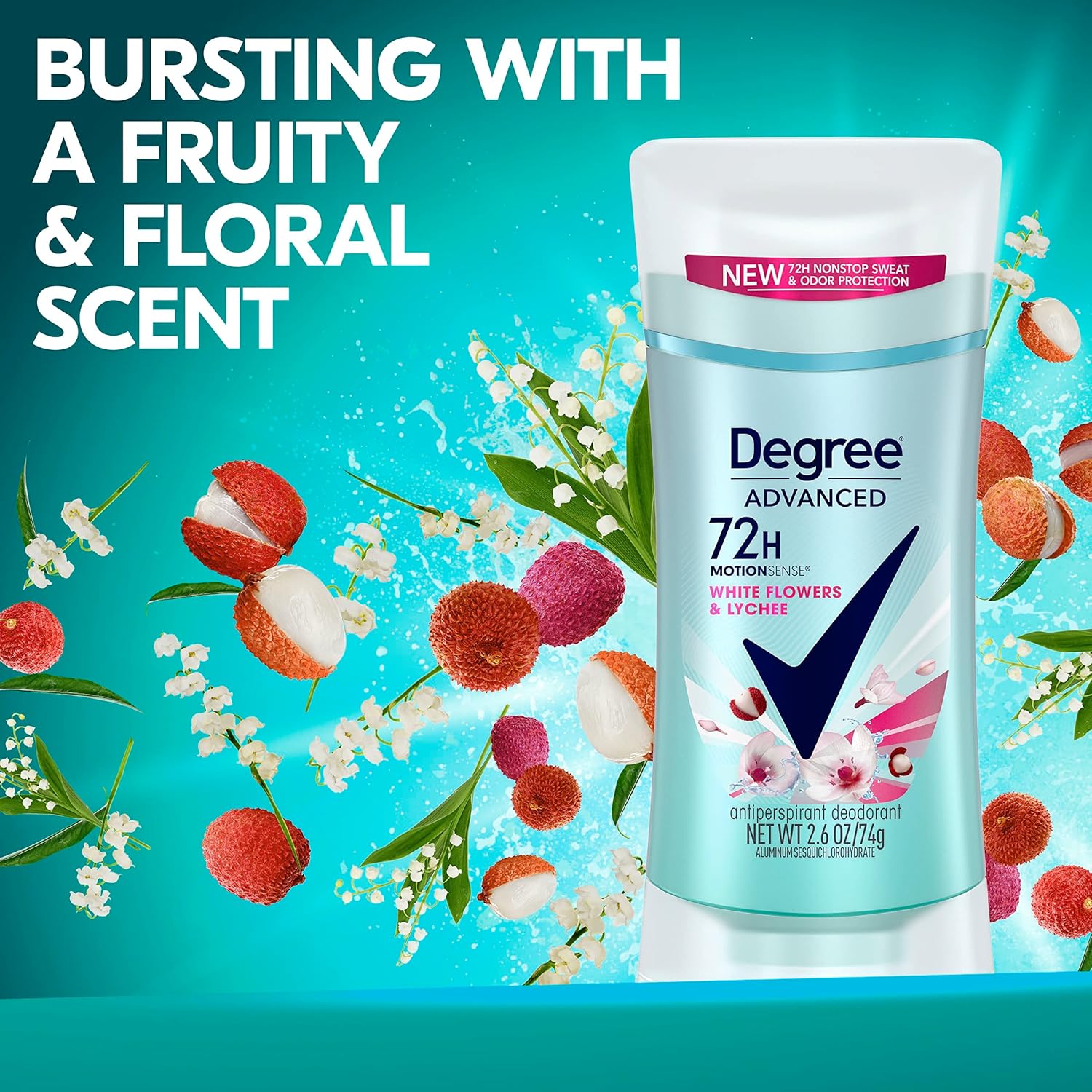 Degree Advanced Protection Antiperspirant Deodorant White Flowers & Lychee for 72-Hour Sweat & Odor Control for Women, with Body Heat Activated Technology, 2.6 oz