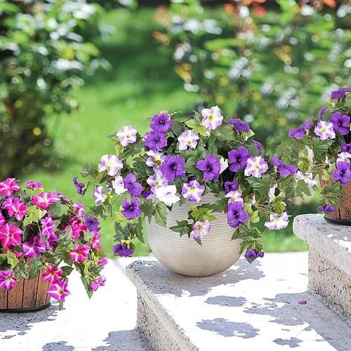 Ammyoo Artificial Fake Flowers Plants for Outdoor Decoration, 2PCS Faux Petunias Silk Flower UV Resistant No Fade for Home Outside Garden Balcony Yard Porch Realistic Indoor Decor (Purple White)