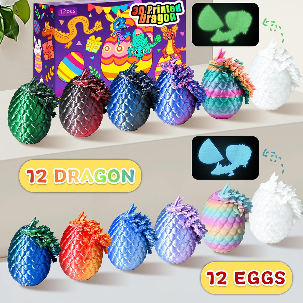 Impossmaker 12pcs 3D Printed Dragon Eggs, Cool Articulated Crystal Dragon Toys for Boys Kids Teen, Surprise Dinosaur Eggs for Party Favors, Fun Goodie Bag Stuffers for Birthdays, Classroom Prizes