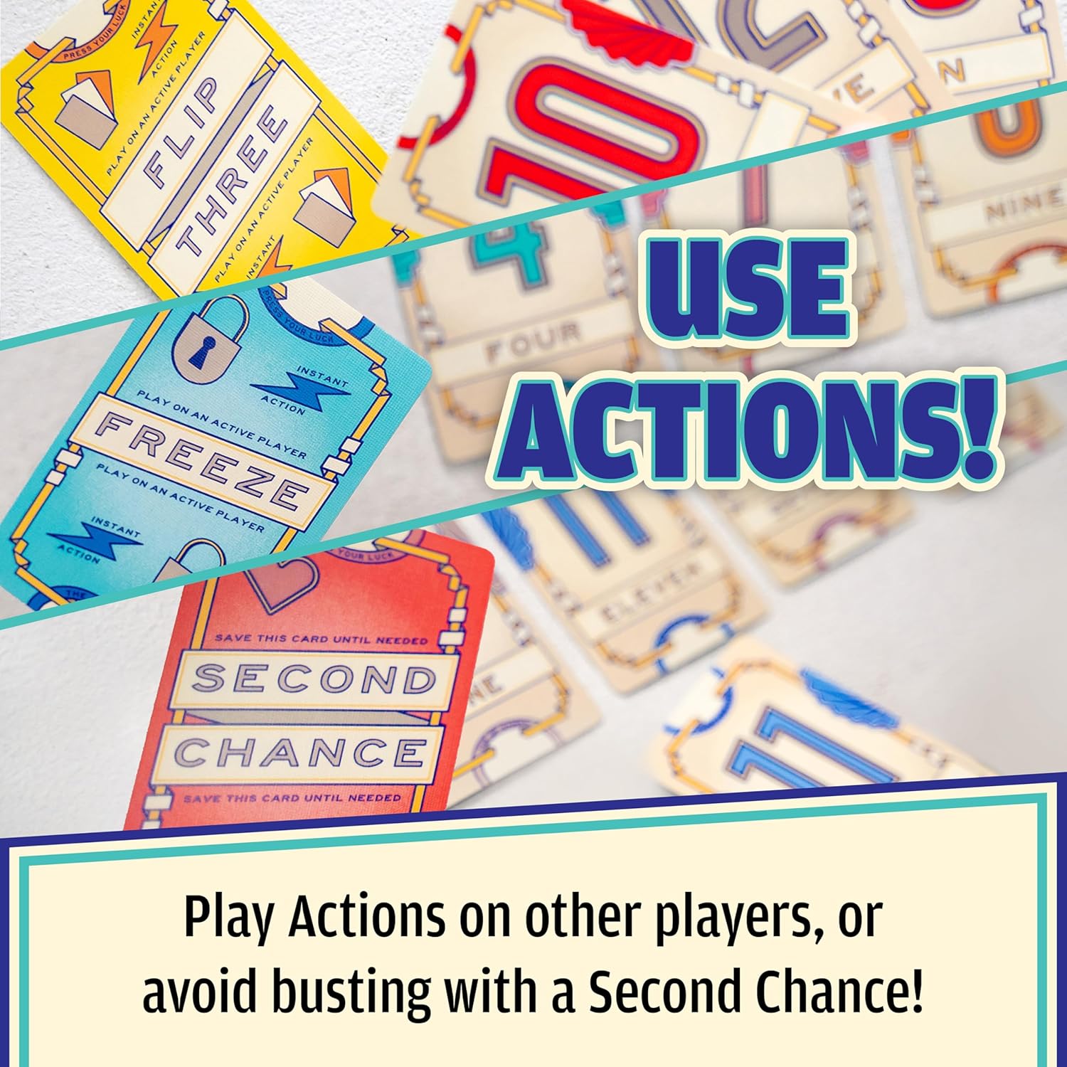 USAOPOLY Flip 7, The Ultimate Blend of Press Your Luck & Strategy, Fast-Paced Addictive Card Game,Quick to Learn & Easy to Teach,Perfect for Game Nights, 3+ Players, Ages 8 & Up, 20 Minutes Play Time