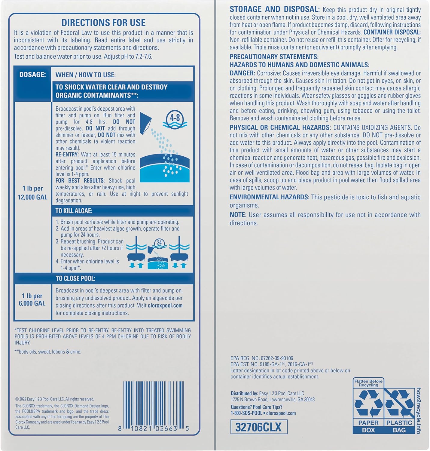 Clorox® Pool&Spa™ Shock Clear, for Crystal Clear Swimming Pool Water, Swim-ready in 15 minutes, Suitable for vinyl pools (6-Pack)