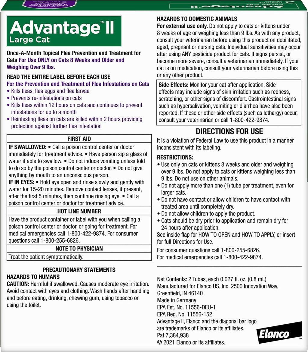Advantage II Large Cat Vet-Recommended Flea Treatment & Prevention | Cats Over 9 lbs. | 2-Month Supply
