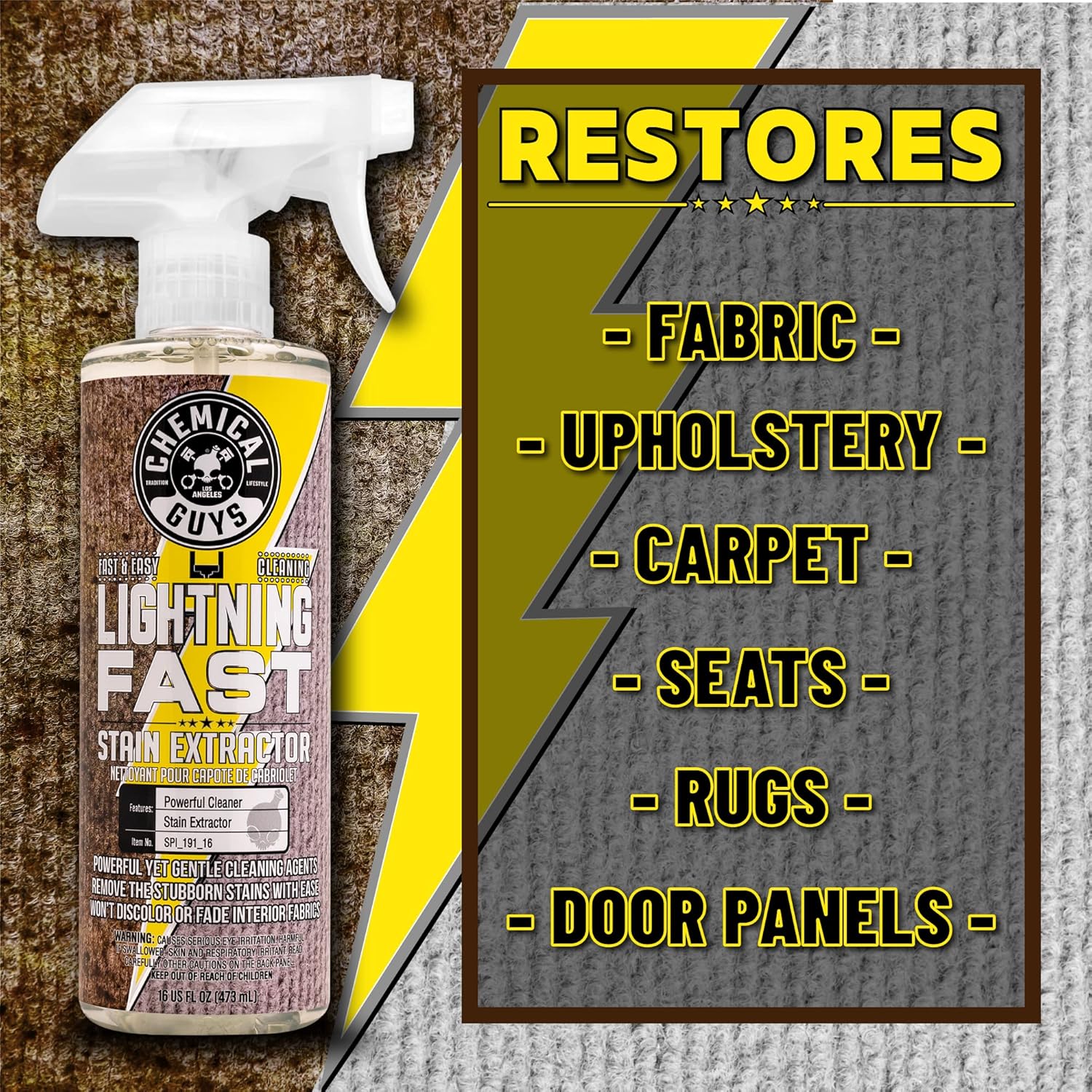 Chemical Guys Lightning Fast Carpet and Upholstery Stain Extractor - Chemical Guys Carpet Cleaner, Great for Fabric, Upholstery, Cars, Home, Office, Furniture, and More, Fresh Scent - 16 oz