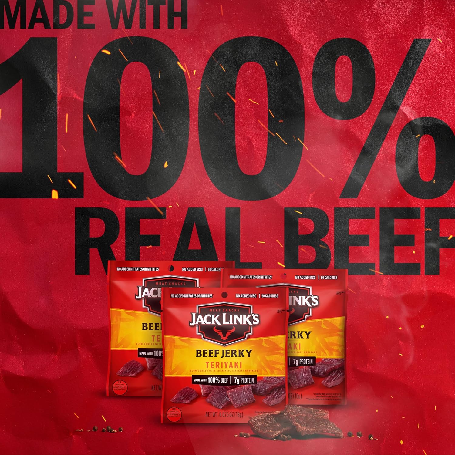 Jack Link's Teriyaki Beef Jerky Multipack - (5 Pack) 0.625 oz Bags - Ready to Eat Real Meat Protein Snacks - 7g Protein per Serving - Made with 100% Real Beef