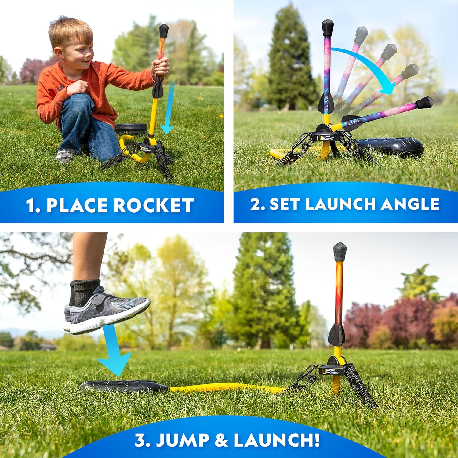 NATIONAL GEOGRAPHIC Air Rocket Toy – Ultimate LED Rocket Launcher for Kids, Jump and Launch The Light Up, Air Powered, Foam Tipped Rockets up to 100 Feet