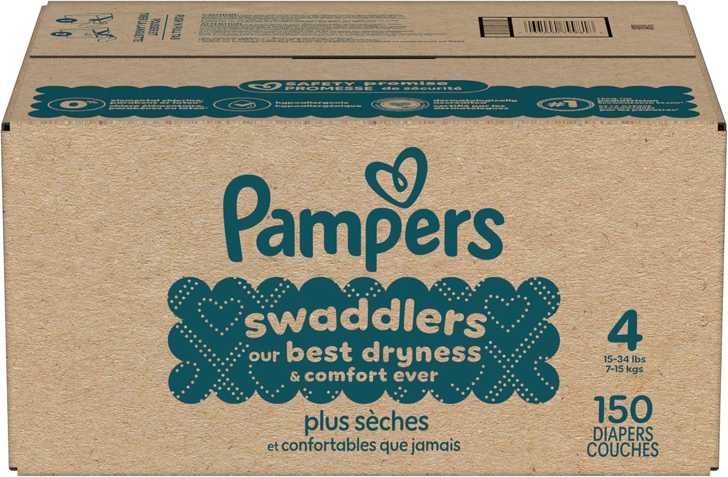 Pampers Swaddlers Diapers, Size 4 (15-34 lbs), 150 Count, Absorbent, Keeps Baby Dry and Comfortable, Skin Safe Disposable Baby Diaper (Packaging May Vary)