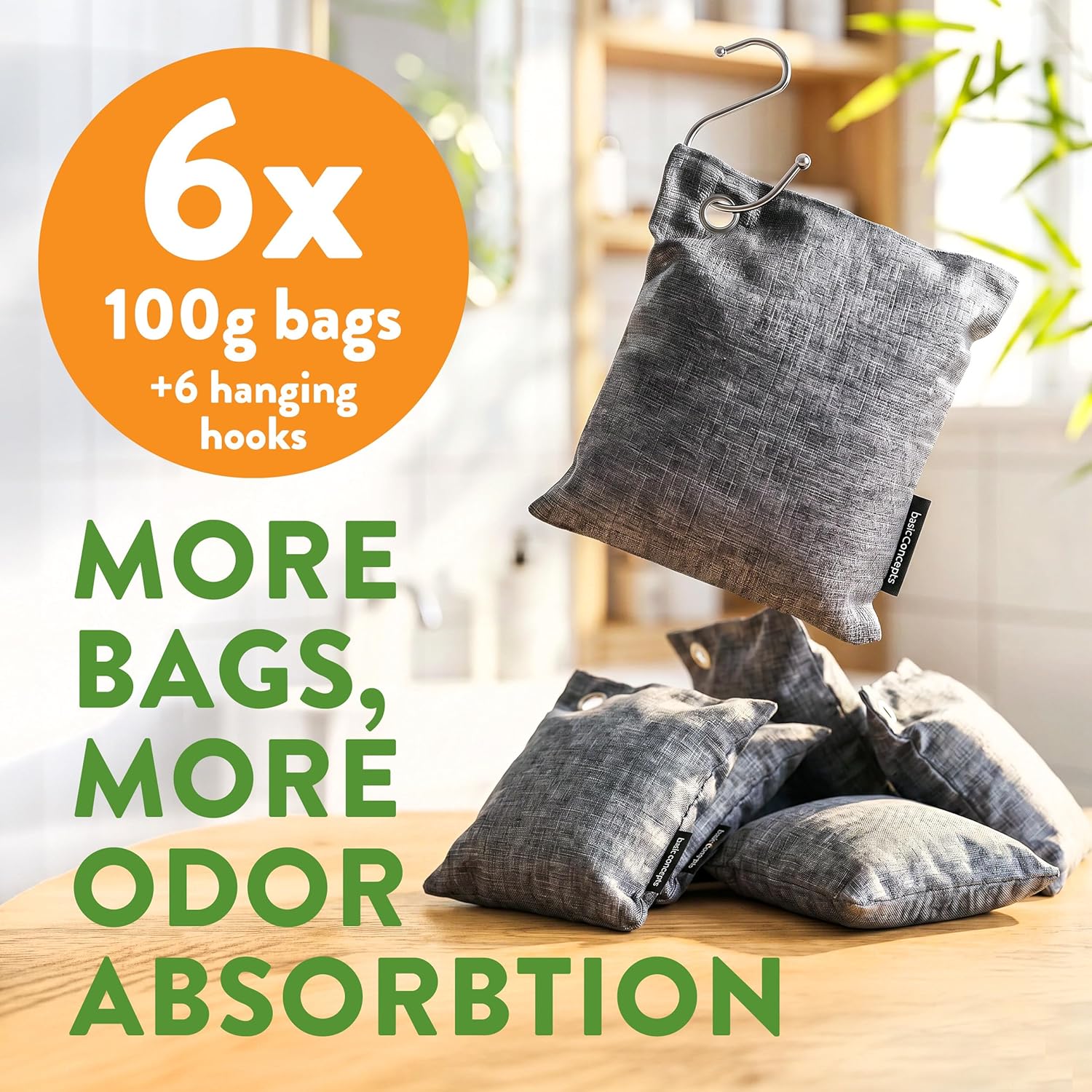 Charcoal Odor Absorber for Strong Odor (6 Pack, 100g each), Bamboo Charcoal Air Purifying Bag, Basement Musty Odor Eliminator Deodorizer, Activated Charcoal Odor Absorber for Closet, Shoe, Car
