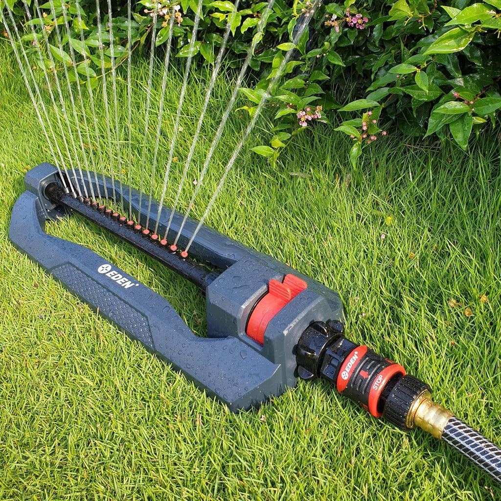 Eden 96213 Essential Turbo Oscillating Water Sprinkler, Covers Up to 3,600 sq. ft., 16 Nozzles, Weighted Base, Adjustable Range, Quick Connect Bundle, Dark Grey, Red, Silver