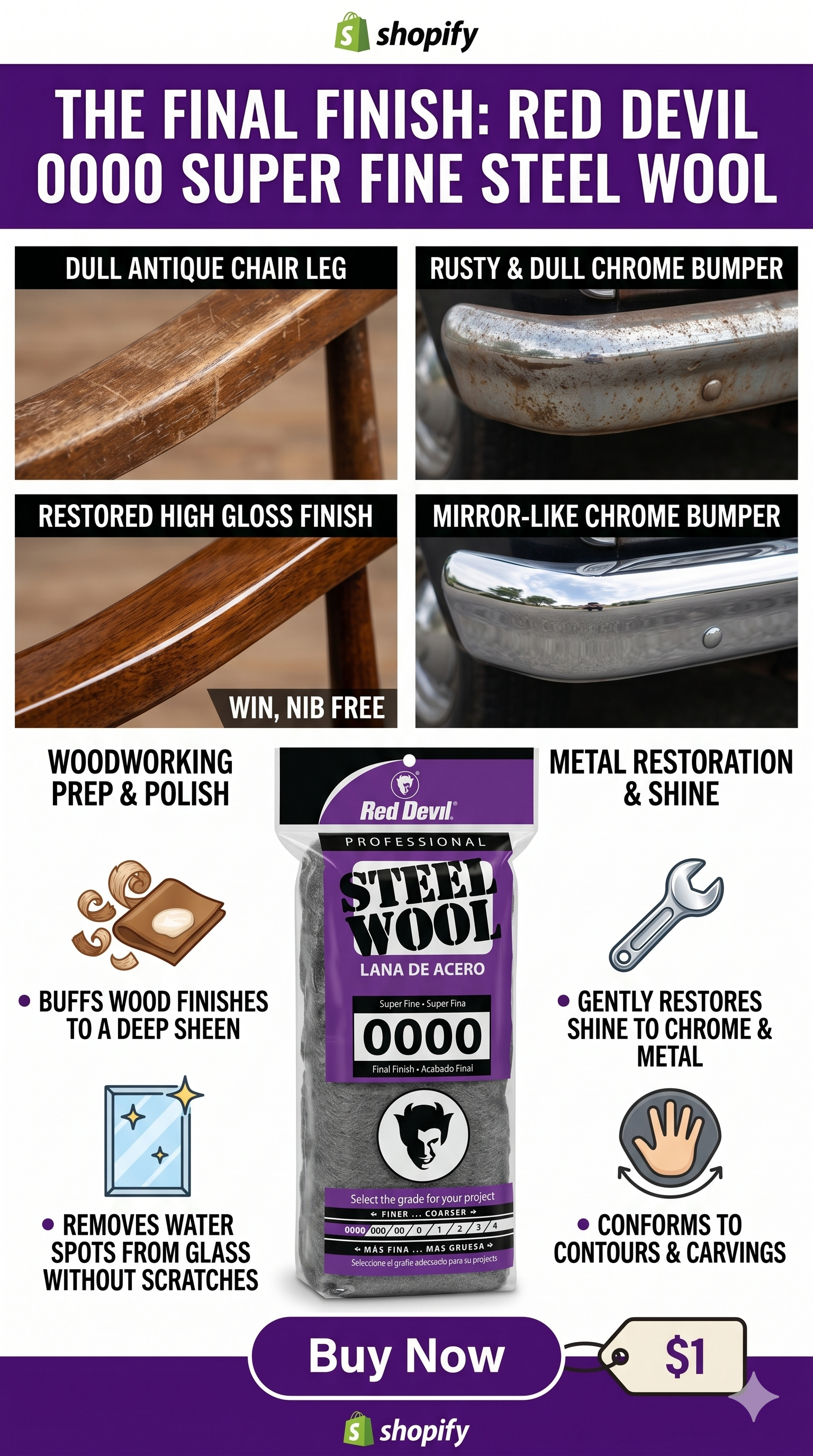 Red Devil 0310 Steel Wool, 0000 (Pack of 16)